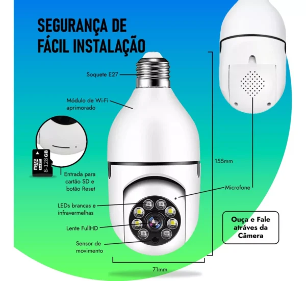 Câmera Segurança Lâmpada Interna Yoosse Wifi Infravermelho Full HD 1080P - Image 4