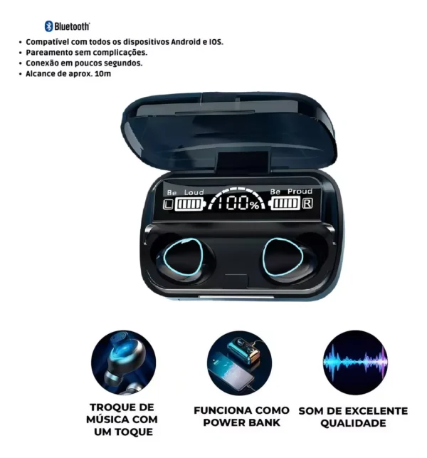 Fone de Ouvido Bluetooth M10 C/ Display e Power Bank 2000mah - Image 2
